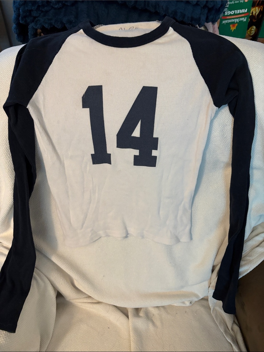 Brandy Melville White and Navy '14' Raglan Long Sleeve Tee